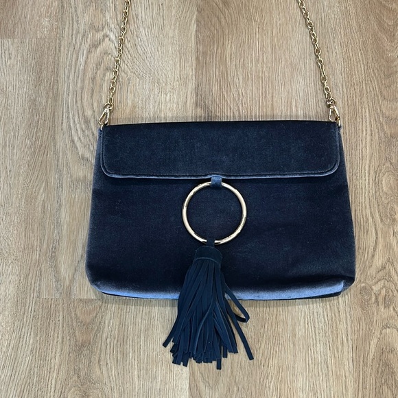 Street Level Handbags - Street level velvet navy blue Crossbody purse with suede tassel.